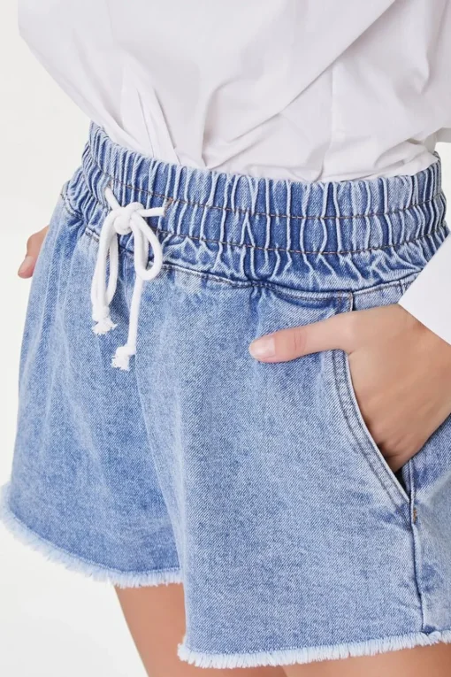 Frayed Drawstring Denim Shorts