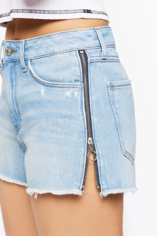 Frayed Zipper-Trim Denim Shorts