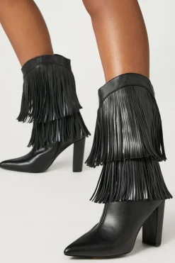 Fringe Block Heel Boots