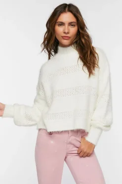 Fuzzy Contrast-Panel Mock Neck Sweater