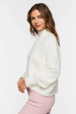 Fuzzy Contrast-Panel Mock Neck Sweater
