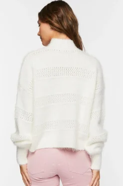 Fuzzy Contrast-Panel Mock Neck Sweater