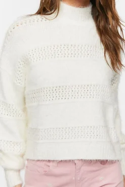 Fuzzy Contrast-Panel Mock Neck Sweater