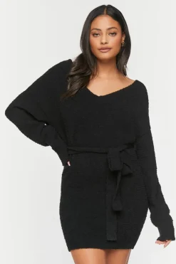 Fuzzy Knit Belted Sweater Dress