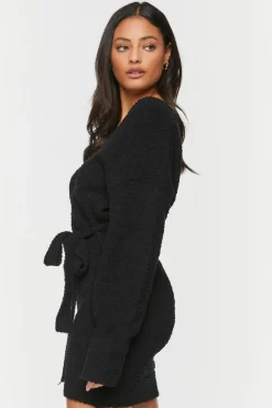 Fuzzy Knit Belted Sweater Dress