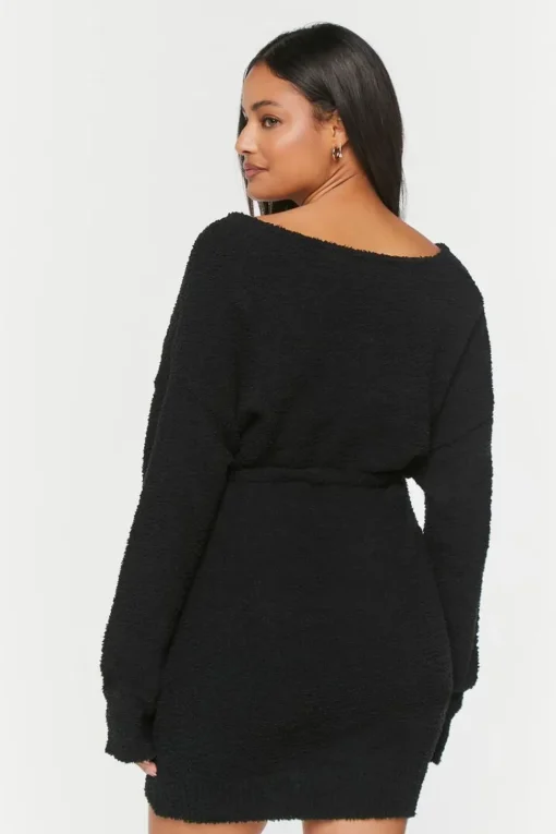 Fuzzy Knit Belted Sweater Dress
