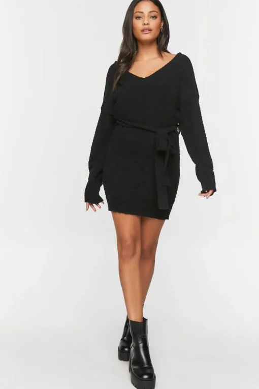 Fuzzy Knit Belted Sweater Dress