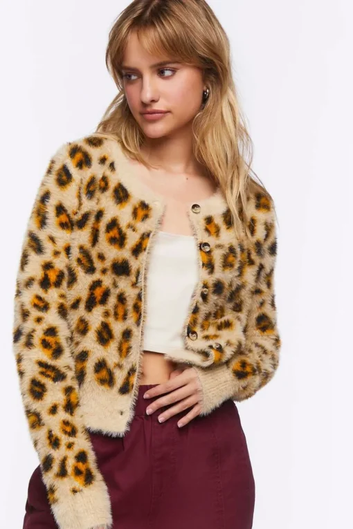 Fuzzy Knit Leopard Cardigan Sweater