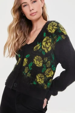 Fuzzy Knit Rose Print Cardigan Sweater