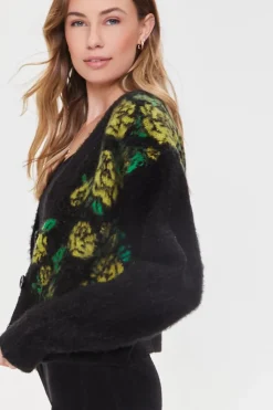 Fuzzy Knit Rose Print Cardigan Sweater