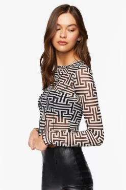 Geo Print Mesh Crop Top