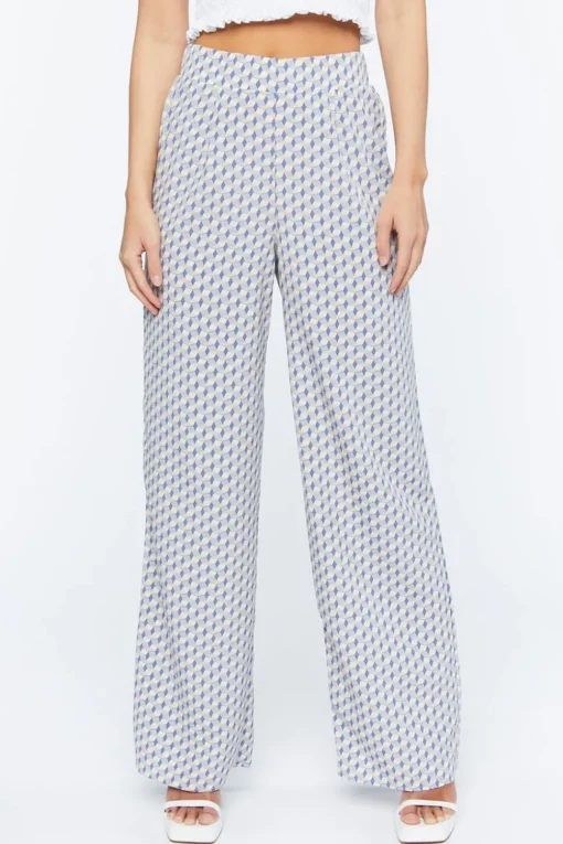 Geo Print Satin Straight-Leg Pants