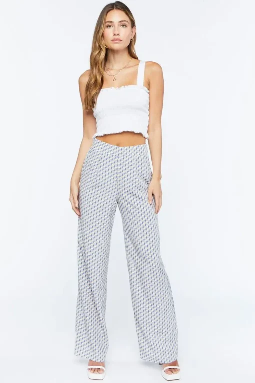 Geo Print Satin Straight-Leg Pants