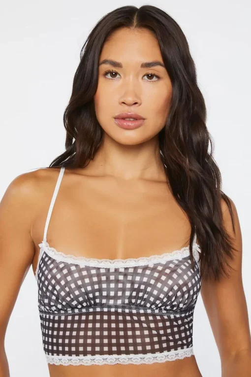Gingham Lace-Trim Mesh Bralette