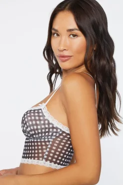 Gingham Lace-Trim Mesh Bralette