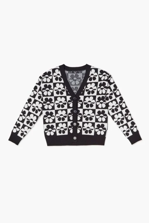 Girls Checkered Floral Cardigan Sweater (Kids)