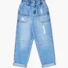 Girls Distressed Paperbag Jeans (Kids)