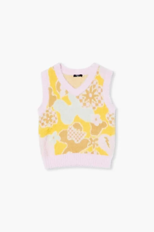 Girls Fuzzy Abstract Floral Sweater Vest (Kids)