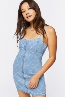 Grid Print Denim Mini Dress