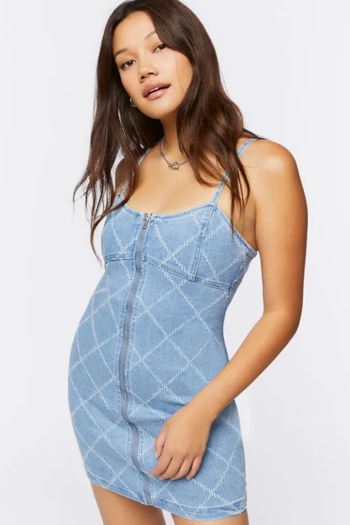 Grid Print Denim Mini Dress
