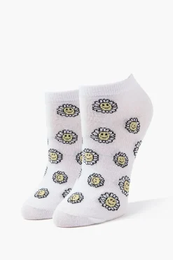 Happy Face Floral Print Ankle Socks