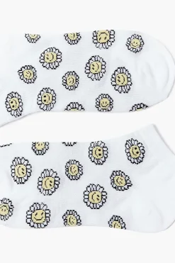 Happy Face Floral Print Ankle Socks