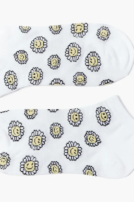 Happy Face Floral Print Ankle Socks