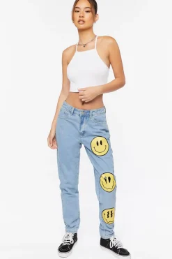 Happy Face Graphic Wide-Leg Jeans