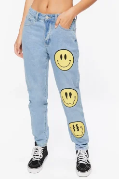Happy Face Graphic Wide-Leg Jeans