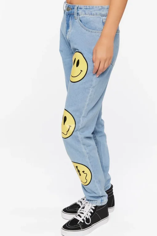Happy Face Graphic Wide-Leg Jeans