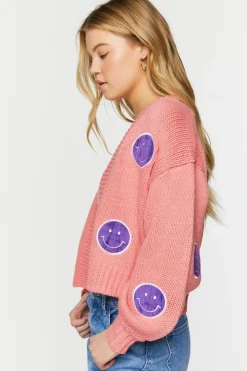 Happy Face Patch Cardigan Sweater
