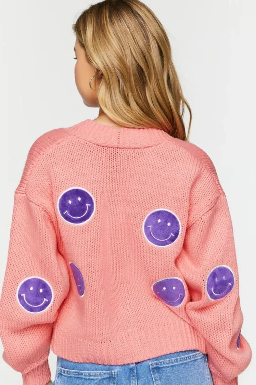 Happy Face Patch Cardigan Sweater