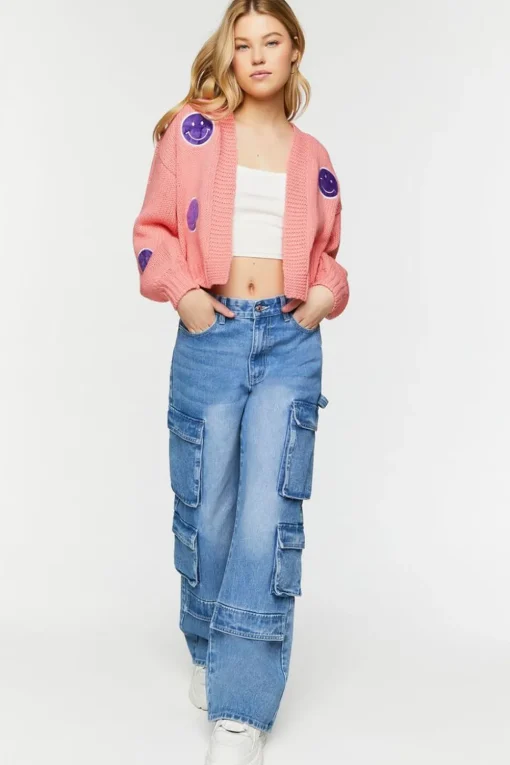 Happy Face Patch Cardigan Sweater