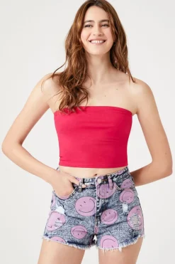 Happy Face Print Denim Shorts