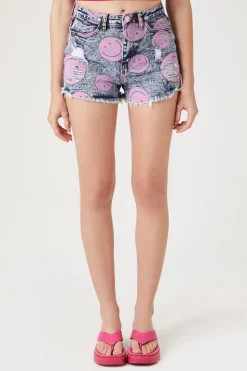Happy Face Print Denim Shorts