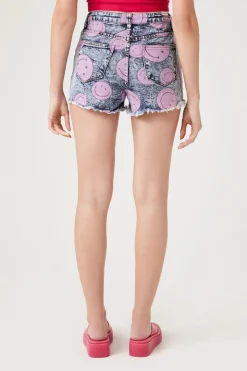 Happy Face Print Denim Shorts