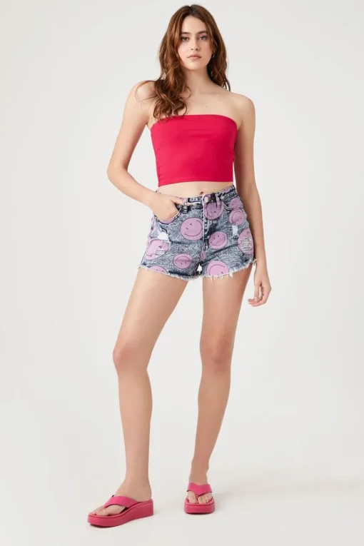 Happy Face Print Denim Shorts