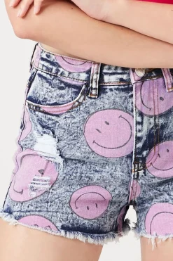 Happy Face Print Denim Shorts