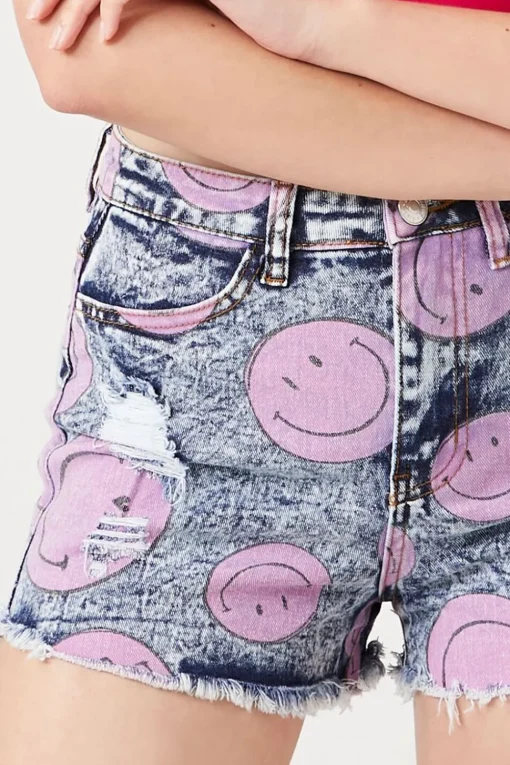 Happy Face Print Denim Shorts