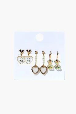 Heart & Teddy Bear Drop Earring Set