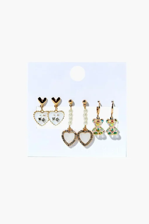 Heart & Teddy Bear Drop Earring Set