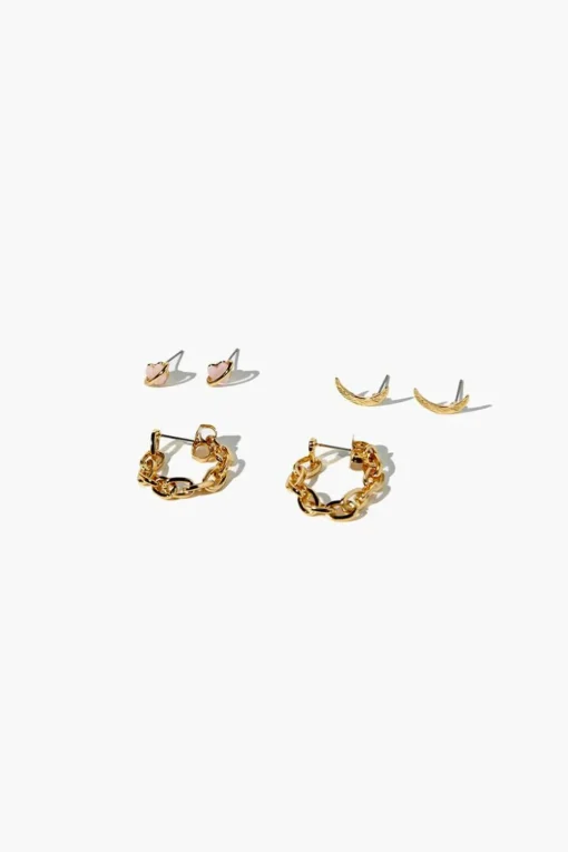 Heart Charm Stud & Hoop Earrings Set