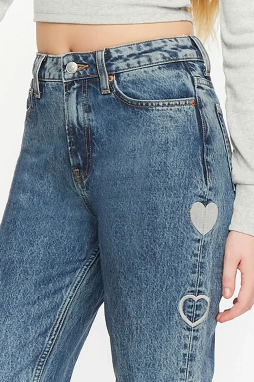 Heart Embroidered Straight-Leg Jeans