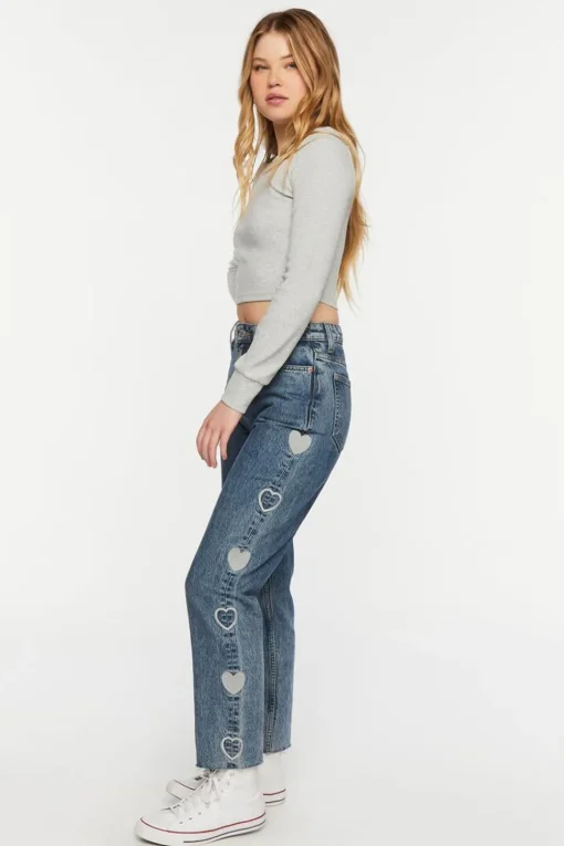 Heart Embroidered Straight-Leg Jeans