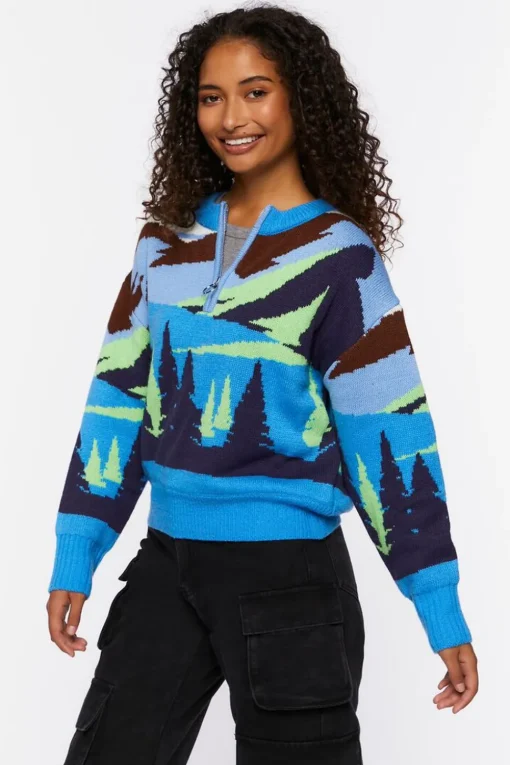 Intarsia Landscape Half-Zip Sweater