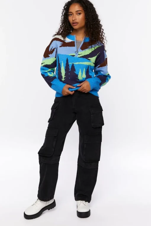 Intarsia Landscape Half-Zip Sweater