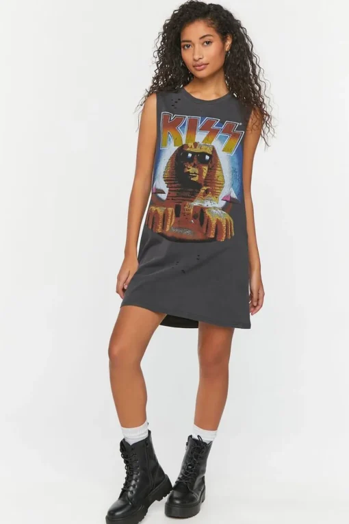 Kiss Distressed Graphic T-Shirt Dress
