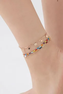 Layered Beaded Charm Anklet Set