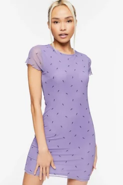 Lightning Bolt Print Mesh Mini Dress