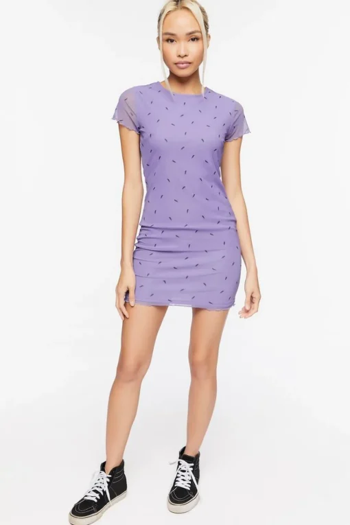 Lightning Bolt Print Mesh Mini Dress